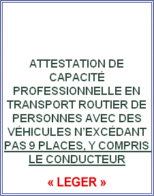 


ATTESTATION DE CAPACITÉ PROFESSIONNELLE EN TRANSPORT ROUTIER DE PERSONNES AVEC DES VÉHICULES N’EXCÉDANT PAS 9 PLACES, Y COMPRIS LE CONDUCTEUR
